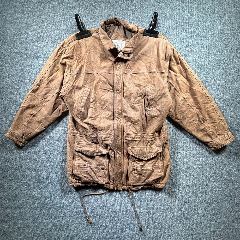 Vintage John Ashford Utility Jacket Mens L Beige Faux Leather Retro Full-Zip
